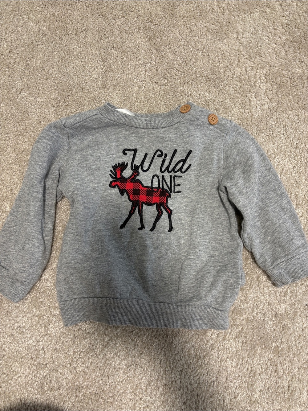 Wild One Grey Baby Sweatshirt with Red Plaid Moose